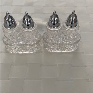 Crystal salt and pepper shakers with tray